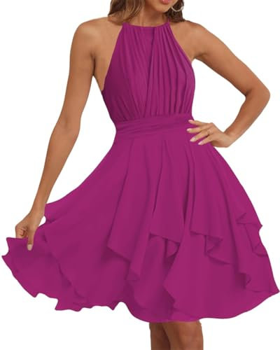 WSEYU Vestidos de fiesta de graduación con cuello halter para adolescentes, vestidos cortos de dama de honor, plisados, de gasa, para graduación, cóctel, fiesta, Z037, fucsia, 36