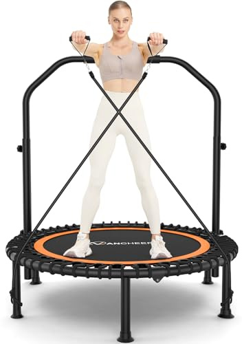 ANCHEER 40 Foldable Mini Trampoline - Max Load 350lbs - 450lbs Indoor Trampoline - with 4 Level Adjustable Foam Handle and Resistance Bands - Adult Exercise Trampoline for Home,Gym and Garden(O)