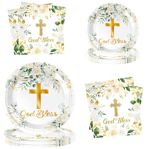 Vert God bless décoratif vaisselle set vert et or baptême thème papier plateau bébé douche première communion partie fournitures