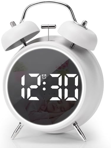 Large Digit Display Alarm Clock, 4.5 Inch Double Bell Electronic LED Alarm Clock, Plug in or Battery Operated Silent Metal Alarm Clock, Bedside Loud Alarm Clock for Heavy Sleepers Adults Kids (White)