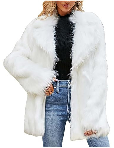 Komiseup Fleecejacke Damen, Winterjacke Damen Lange Winter Pelzmantel Elegant Kunstpelz Jacke Offener Front Wintermantel Dick Plüschjacke mit Kapuze Warme Kunstfell Oberbekleidung Faux Pelz Coat 33