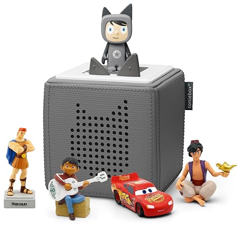 Toniebox Extrapack – Toniebox Starterset Grau mit Kreativtonie + 4 x Disney Helden Hörfiguren, Audioplayer für Hörbücher und Lieder, kabellose Musikbox mit Disney Hörspiel