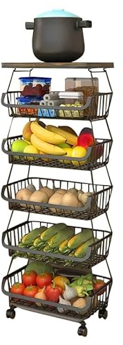 KLLsmDesign Cestas de alambre de metal con ruedas, organizador de almacenamiento apilable para cocina, baño, oficina, carrito de frutas y verduras, estante de vajilla con parte superior de madera