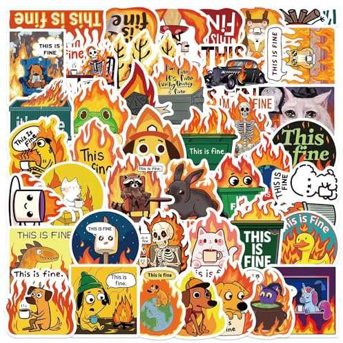 This is Fine Dog Aufkleber 50 Stück Niedliche Wasserdicht Cartoon Dog Meme Sticker für Wasserflaschen Laptop Skateboard Scrapbook Fahrrad Gepäck,Vinyl Funny Tier Sticker für Erwachsene Teenager