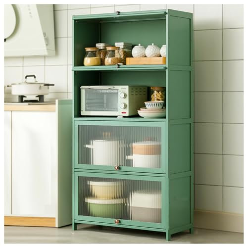Küchenschrank mit Acryltüren und Regalen, hoher Aufbewahrungsschrank, freistehender Bodenschrank, Schrank für Küche, Wohnzimmer, Esszimmer, Grün, 80 x 33 x 140 cm