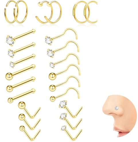 Koprek 24PCS 20G 14K Gold Nose Stud - 316L Surgical Steel, Hypoallergenic, L-Shaped & Corkscrew Nose Ring with 6A Round CZ Gem - Secure & Comfortable Nose Piercing Jewelry (Gold)