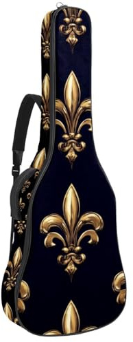Tasche für Akustikgitarre, 1 cm dicke Polsterung, wasserdichtes Oxford-Gewebe, Gitarrentasche Rucksack für 40-42 Zoll E-Bass, klassische Gitarren, Gold Schwarz Fleur de Lis Muster, Mehrfarbig 02