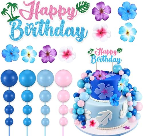 37 Piezas Azul Rosa Decoración de Tartas, Bolas Cake Topper, Flor Tarta Toppers, Decoración para Tartas Cumpleaños, Suministros de Fiesta para Cumpleaños, Boda, Baby Shower