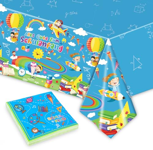 Schulanfang Tischdecken mit 20 Stück Servietten Einschulung, Einschulung Tischdeko Alles Gute Zum Schulanfang Tischdecken Blau Schulkind Papierservietten für Schuleinführung Schulstart Party Deko