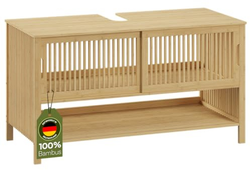 Bellamio Sava Waschbeckenunterschrank Bambus, 2 Fächer, 2 Türen, Badmöbel | Badunterschrank 100x45x60 cm, Unterschrank für Waschbecken, Waschtischunterschrank, Waschbeckenschrank, Badezimmerschrank