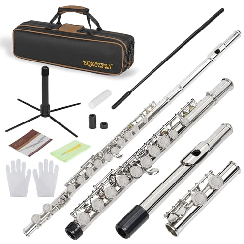 FREEAMG Closed Hole 16 Keys Flute, C Flute for Beginners Students, Flute Instrument with Carrying Case, Cleaning Kit, Stand, Gloves, Tuning Rod, Nickel