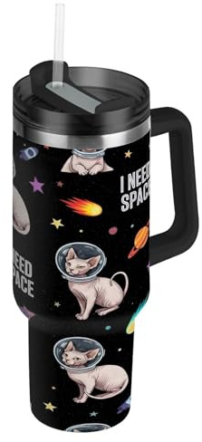 RPLIFE Gatti Astronauta Caschi Nero Tumbler con Manico 880,5 g Tazze con Coperchi, Bicchieri in Acciaio Inox per Donne Uomini Viaggi