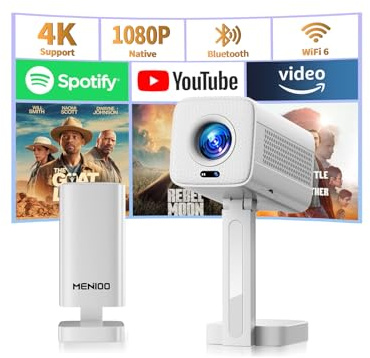 Mini Proyector 4K 1080P Full HD, 2026 Upgraded Proyector Portátil [Built-in Apps & Auto Focus] con Auto Keystone y 90° Rotable con WiFi 6 Bluetooth 5.4 con HDMI/TV Stick/USB/Laptop - Blanco
