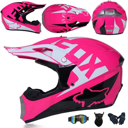 Motocross Helm Kinder Erwachsene Dirt Bike Offroad Cross Helm Herren ATV Helms Jugend Motorradhelm MX Enduro Full Face MTB Helms DOT/ECE-Zertifizierter Mit Brille Maske Handschuhe,Pink-L