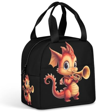 Cute Dragon Playing Horn Small Insulated Lunch Bag Meal Tote Lunch Box Handbag for Travel Office Work