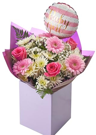 Pastel Pink and White Arrangement Fresh Flowers, Seasonal Blooms with Roses, Gerbera, Gypsophila, Chrysanthemum – Floral Design for Birthday, Anniversaries, Mum (It's a Girl)