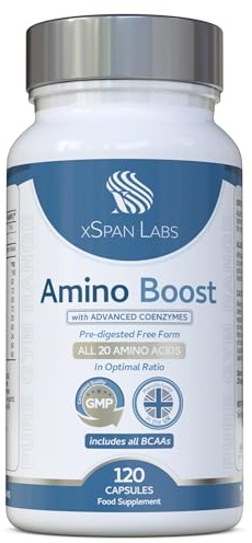 Amino Boost - Full Spectrum 20 Amino Acids Supplement 120 Vegan Capsules |Includes All BCAAs - Free Form pre-digested Amino Acids with Added Advanced Coenzyme Support. No Additives - UK Made