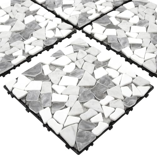 Lot de 4 dalles de terrasse emboîtables en verre recyclé imitation marbre naturel, 30,5 x 30,5 cm, carreaux de terrasse imperméables pour porche, piscine, balcon, arrière-cour, gris mélangé