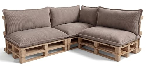 Gutekissen® Juego de cojines para palets europeos, acolchado con espuma Poulirette PLL (marrón claro, juego de 3 piezas (cojín de asiento 120x80 + respaldo 120x40)