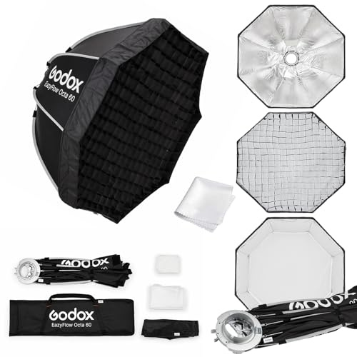 Godox EazyFlow Octa 60 23.6 Quick-Fold Softbox Bowens & Raster | Snabbutfällbar paraplydesign med Bowens-fäste i metall, perfekt för porträtt, resor och snabba studiofotograferingar.