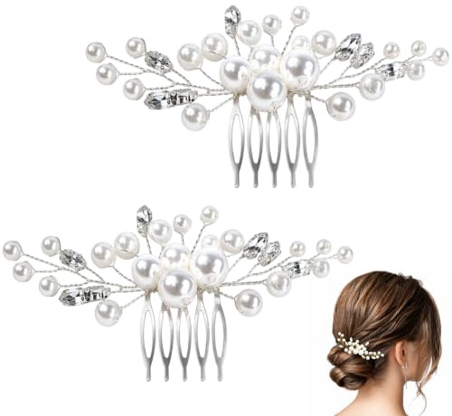 2PCS Bridal Hair Accessories for Women - Pearl Crystal Wedding Hair Comb Clips, Silver Rhinestone Hair Pieces for Brides Bridesmaid Prom Party