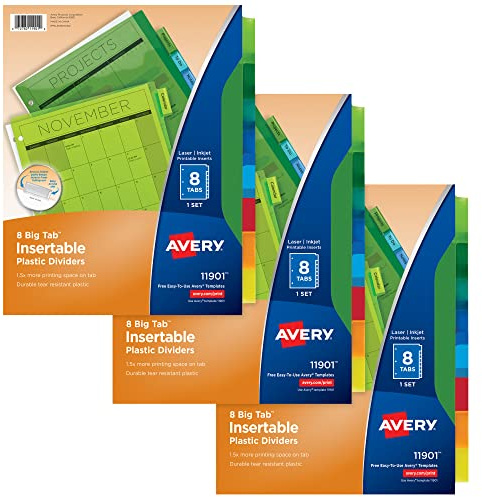 Avery Dividers for 3 Ring Binders, 8-Tab Plastic Binder Dividers, Insertable Big Tabs, Multicolor (3 Sets of 11901)