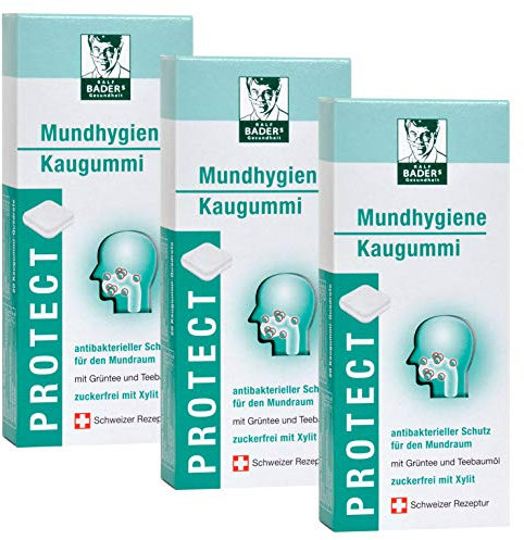 BADERs PROTECT Mundhygiene Kaugummi aus der Apotheke. Antibakterieller Schutz für den Mundraum mit Teebaumöl, Grüntee und Xylit. 3 x 20 Kaugummi-Quadrate