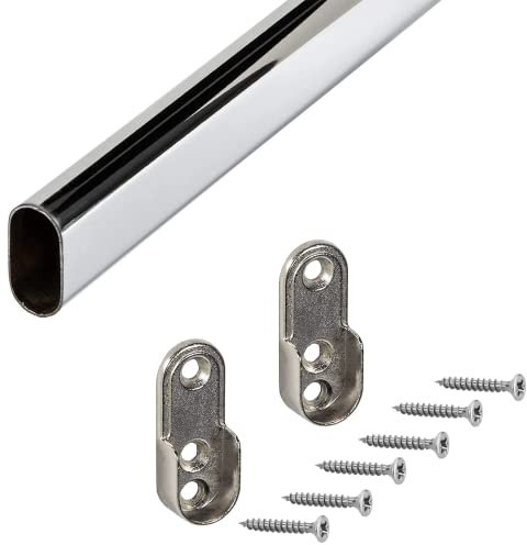 Gedotec Asta appendiabiti armadio asta 1000 mm ovale | Tubo dell'armadio in acciaio cromato | Tubo per mobili 30 x 15 mm | Barra per mobili con 2 pezzi di stoccaggio per provette a coppa | 1 Set
