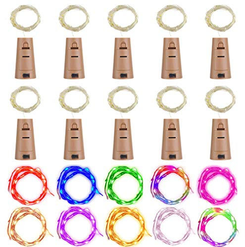 Flaschenlicht lichterkette,RcStarry Weinflaschen LED lichterkett, 10er stück Mini-Lichterkette 2M 20 Leds Silberdraht Licht Sternenlicht für Flasche DIY, Weihnachten, Hochzeit, Halloween (bunte)