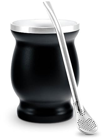 caámate. Mate Tee Becher Set ● Matebecher Edelstahl doppelwand isolier Design + Matetrinkhalm Edelstahl (schwarz)