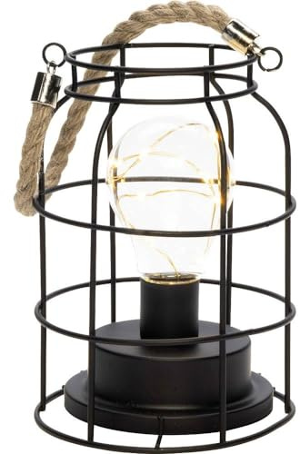 Konstsmide LED Metalllaterne, rund, mit an/aus Schalter, 6h Timer, schwarz, batteriebetrieben, Innen, 9 bernsteinfarbene Dioden, silberfarbenes Kabel - 1815-780