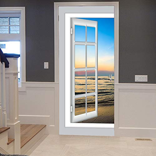 A.Monamour Türtapete Selbstklebend Türfolie Türposter 3D Blick Auf Den Sonnenuntergang des Ozeans Vom Offenen Fenster Vinyl Folie Türdeko Tapete Wandbild Türaufkleber Türtattoo 77x200cm