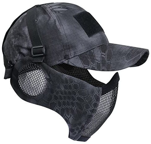 Yzpacc Airsoft Halbgesichtsmaske und Patch-Hut Set Stahlgeflecht Maske mit Ohrenschutz und Baseballkappe Taktische Schutzmaske für CS Spiel BB Gun Paintball Jagd Schießen