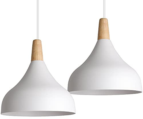 iDEGU 2 piezas Lámpara Colgante Moderna, Lámpara de Techo Madera Metal Estilo Nordico Iluminación E27 Luz de Techo Interior para Comedor Salon Dormitorio, 20CM (Blanco)