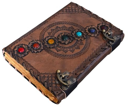 Ledergebundenes Tagebuch mit Schattierungen, Vintage-Stil, Leder-Tagebuch, Büttenrand, Papier, antikes Zauberbuch, Wicca, sieben Steine, Chakra-Tagebuch, unliniert, Skizzenbuch, 25.4 x 17.8 cm