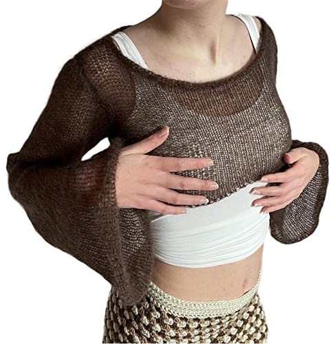 FeMereina Haut en crochet à manches longues pour femme - Col rond - Couverture de plage en tricot, marron, S