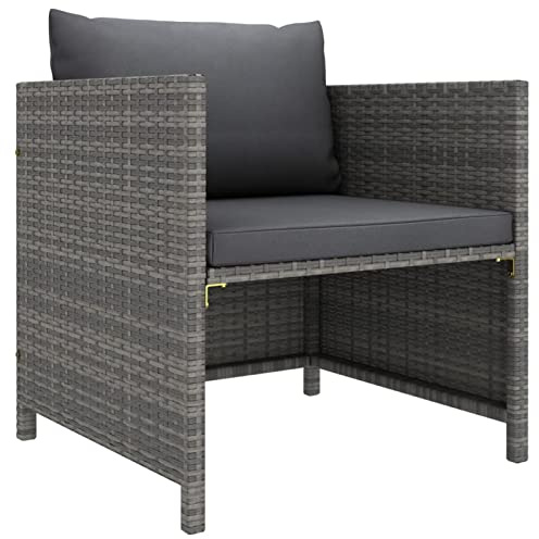 Tidyard Fauteuil de jardin, pour extérieur, en polyrotin, gris, et acier, 60 x 60 x 60 cm, chaise de jardin en rotin avec coussins, fauteuil d'extérieur en rotin, fauteuil en rotin