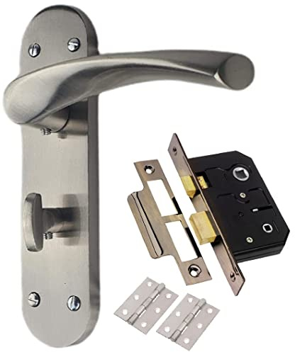 Golden Grace Astrid Bathroom Door Handles Satin Nickel, 182x45mm | Includes bathroom mortise lock, 3-inch hinges, spindle and fixings for a hassle-free setup with a modern metal finish.