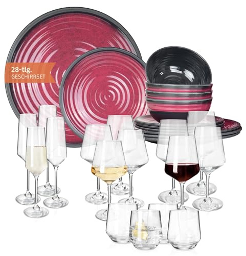 Melamin Camping Geschirr Set 4 Personen Stone Red + 16 Milano Gläser Wassergläser Weingläser Champagner-Gläser Flûtes Tafelgeschirr Picknick BBQ Kochgeschirr