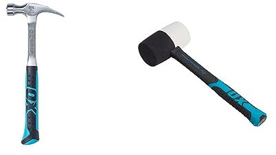 OX OX-P082920 Straight Rip Claw Hammer 20 oz with Non-slip Handle - Precision Balanced Hammer Tool Ideal for Carpenters and Electricians, Multi-colour & OX Combination Rubber Mallet - 24 oz