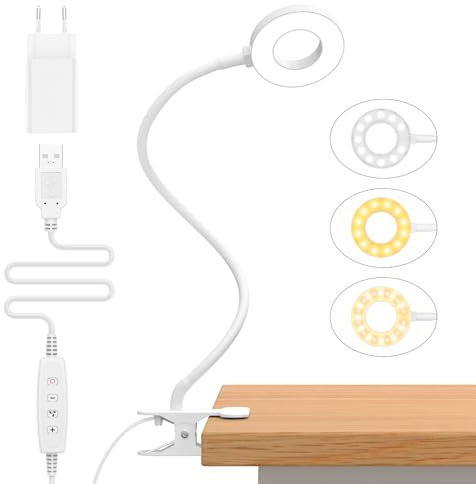 iZELL LED Desk Lamp with USB Adapter【3 Color Modes 10 Brightness】 Eye Caring Clip on Clamp Light, 40cm Flexible Arm Book Ring Light for Gaming/Video Conference/Reading, Clip on Table, Headboard