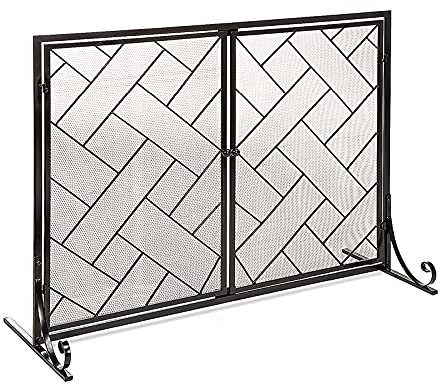 Feuerschutz-Kaminschutz mit Tür, freistehender Funkenschutz, 80 cm hoch, dekorative Netzabdeckung aus Metall für den Innenbereich, Solider Kaminzaun für Babys und Haustiere, Schwarz/Gold (Schwarz 103