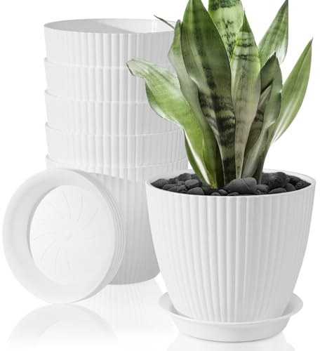 FORAGIFT Set med 6 blomkrukor 19 cm, randiga spårväxtkrukor av plast med dräneringshål och underlägg, vita ytterkrukor för alla inomhusväxter inomhus