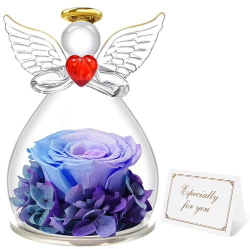 Miofula Rose Eternelle Coffret Cadeau Femme,Fleur Eternelle Figurine Ange Cadeau Maman,Vraie Rose Couple Cadeau Anniversaire Femme,Guardian Ange Cadeaux Mamie Amie Copine Fete des Meres Noel pour Elle