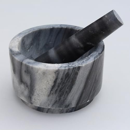 Stones And Homes Juego de mortero y mortero gris indio, cuenco grande, piedra de mármol, molcajete, hierbas, especias para cocina y hogar, 13 x 8 cm, pulido y redondo