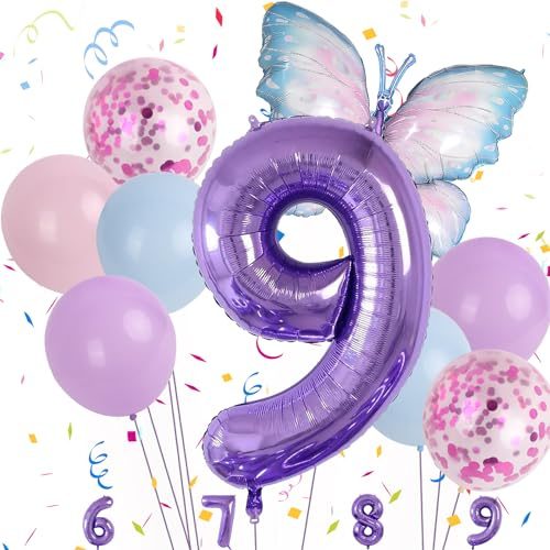 Minicloss Globo de mariposa azul y lila para 9º cumpleaños, decoración para el día del niño, fiesta, decoración para niños, niñas, temáticas