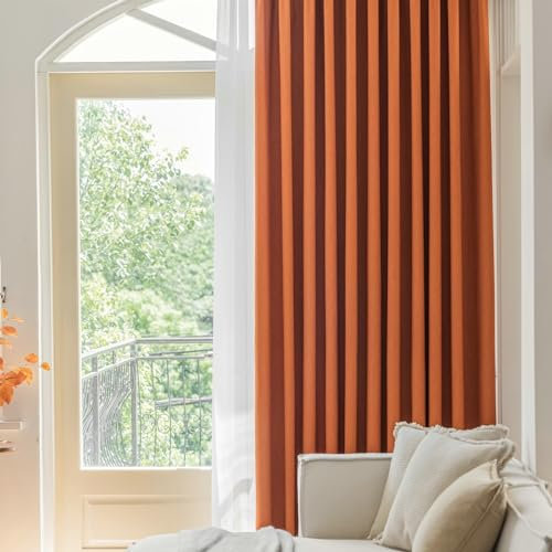 Ayoiow Vorhänge Blickdicht Nach Maß, Thermovorhang Hitzeschutz Mit Ösen, Chenille Vorhänge Wohnzimmer 2Er Set, Orange, 96X214CM