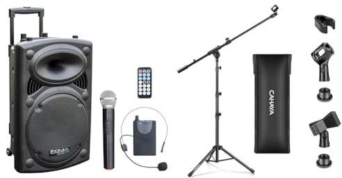 Ibiza - PORT12VHF-BT - Enceinte Portable 12/700W Max avec 2 micros (VHF) & CAHAYA Pied de Microphone au Sol Mobile 2 en 1 Trépied en Métal avec Deux Clips Différents Réglable