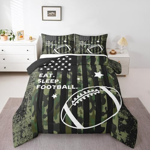 Feelyou Twin Football Bedding Set for Kids Toddler Camo American Flag Comforter Set for Boys Girls Rugby Sports Comforter Teens Soccer Duvet Set Microfiber Bed Set
