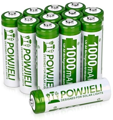POWJIELI NI-MH AA Akku,Doppel-A-Solarakku Wiederaufladbare Batterien Geringe Selbstentladung, 1.2 V vorgeladen für Solarleuchten, Lichterketten, Solar-Wegeleuchten (12 Stück)